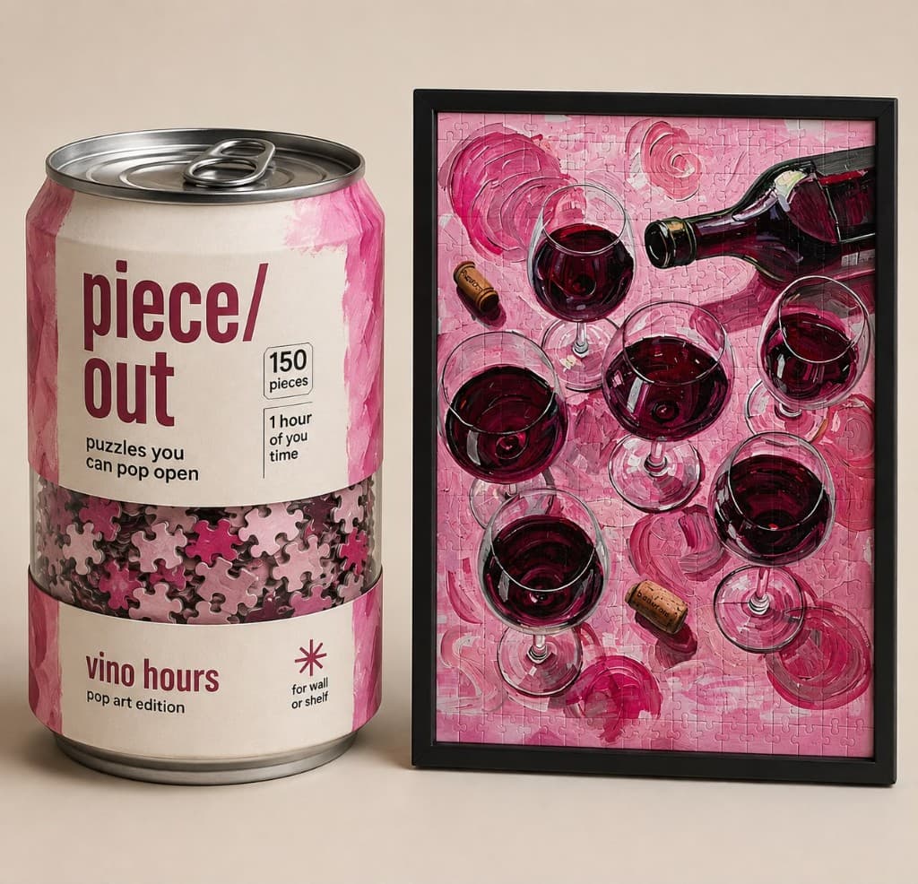 Vino Hours puzzle can and framed art